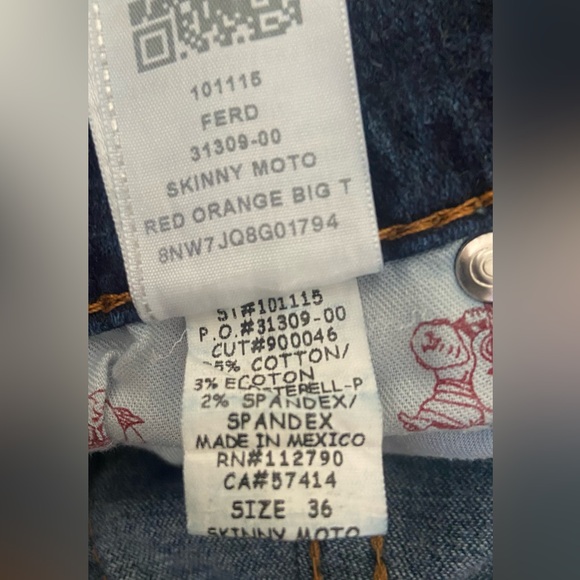 True Religion Jeans’Skinny Moto Biker BigT Red Orange Stitch Stretch-Size:36/34” - Picture 12 of 13